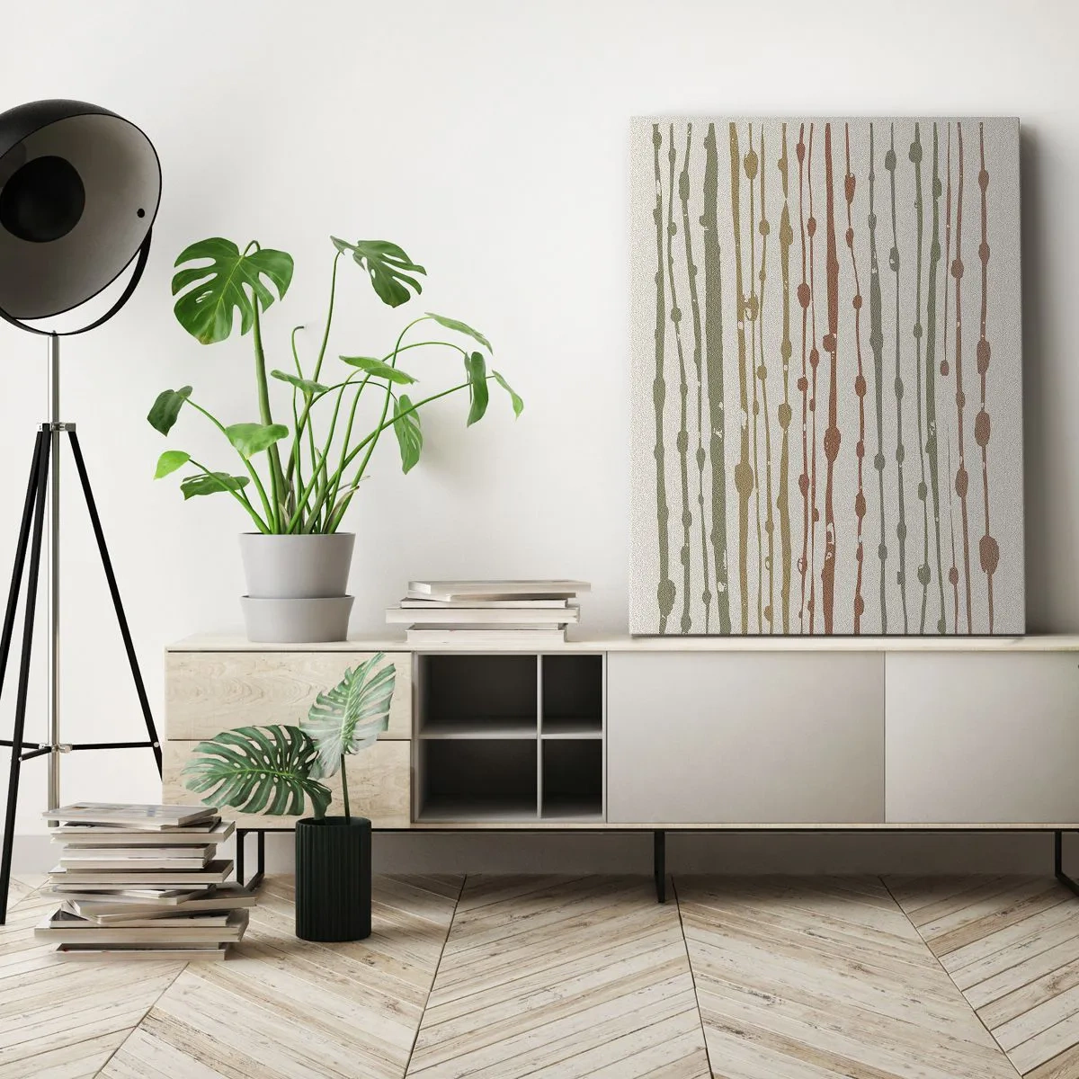 Cuadro sobre lienzo - Impresión de Imagen - Un patrón de líneas en tonos cálidos sobre un fondo claro. - 50x70cm - Composición de notas musicales - Decoración de pared moderna para salón y dormitorio ARTTOR