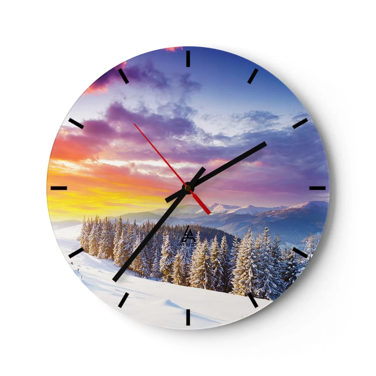 Reloj de pared - Reloj de vidrio - Esfera de reloj con paisaje invernal y puesta de sol. - 30x30cm - Día blanco - Decoración de pared moderna para salón, cocina y dormitorio ARTTOR