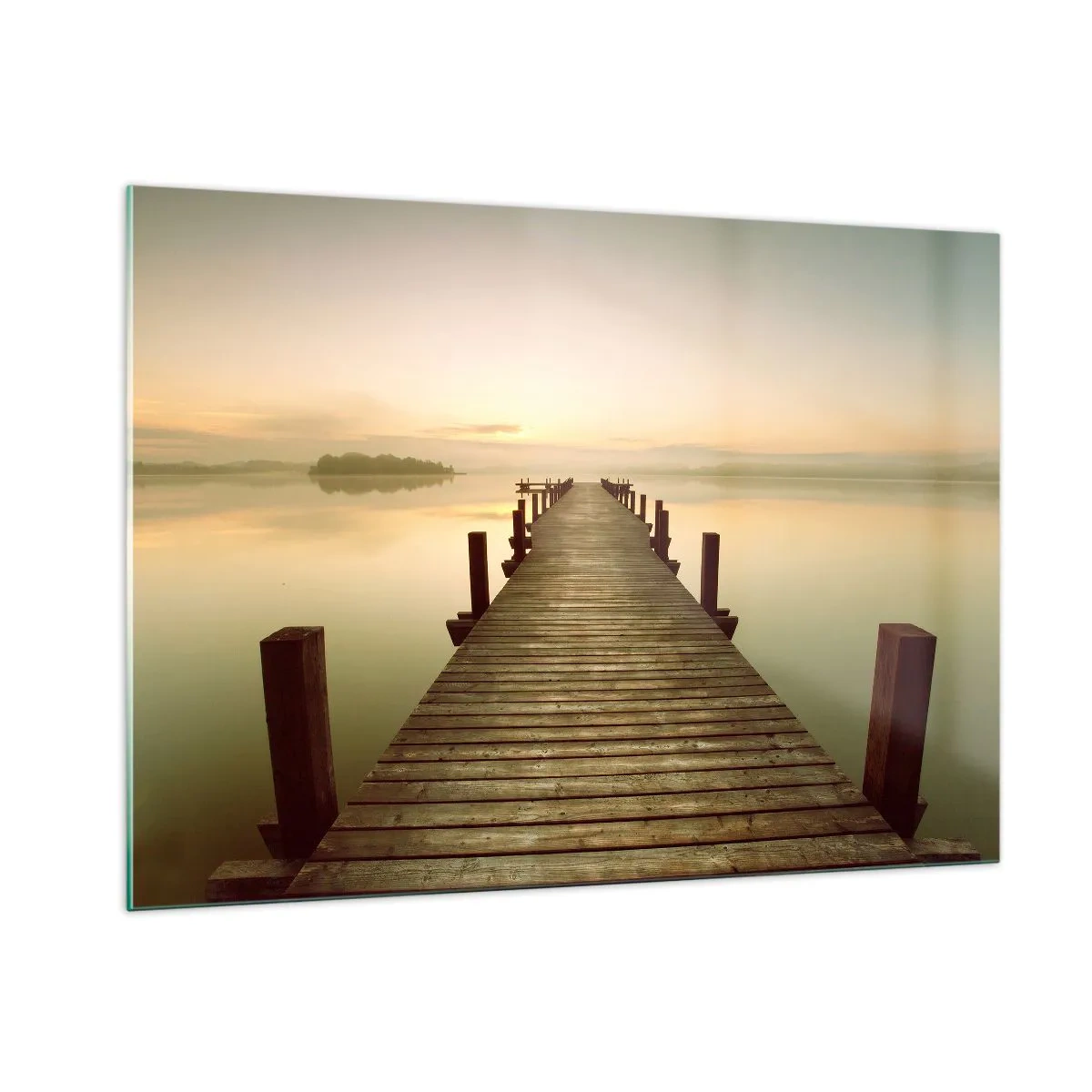 Cuadro sobre vidrio - Impresiones sobre Vidrio - Un embarcadero de madera en un lago tranquilo al amanecer. - 100x70cm - Antes del amanecer, al amanecer, la luz - Decoración de pared moderna para salón y dormitorio ARTTOR