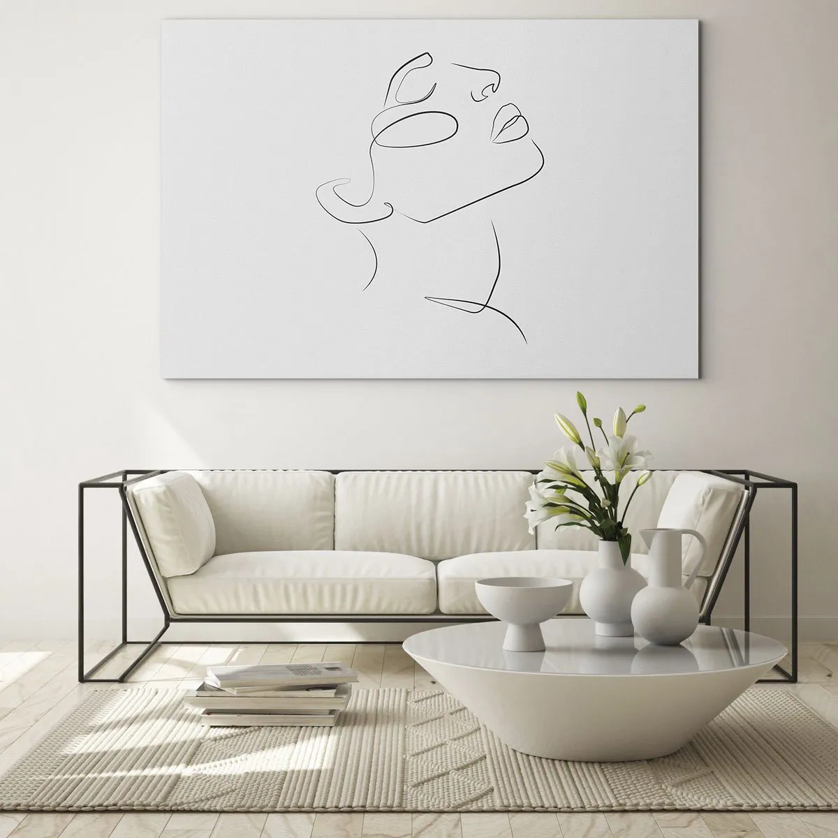 Cuadro sobre vidrio - Impresiones sobre Vidrio - Boceto de contorno del rostro de una mujer mirando hacia arriba - 70x50cm - Meandros de un sueño - Decoración de pared moderna para salón y dormitorio ARTTOR