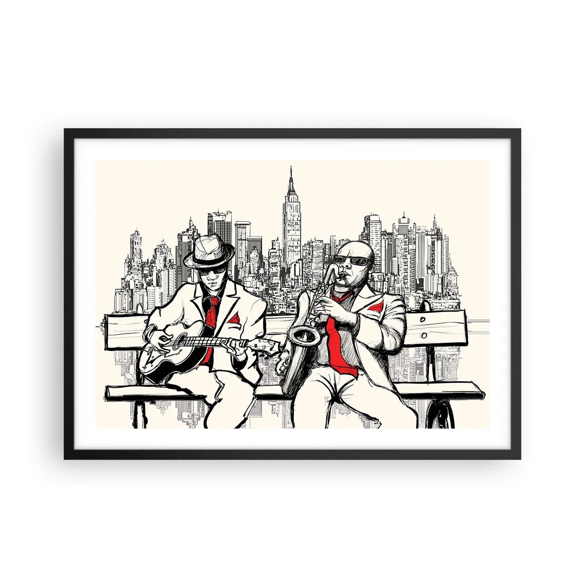 Póster en marco negro - Un dúo de jazz con saxofón y guitarra con la ciudad como telón de fondo. - 70x50cm - Improvisación en Nueva York - Decoración de pared moderna para salón y dormitorio ARTTOR
