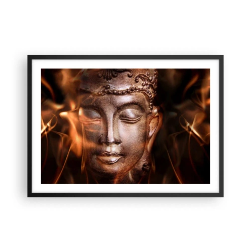 Póster en marco negro - Una estatua de Buda en medio de llamas de tonos dorados. - 70x50cm - Solo existe el aquí y el ahora - Decoración de pared moderna para salón y dormitorio ARTTOR