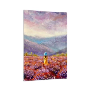 Cuadro sobre vidrio - Impresiones sobre Vidrio - Una mujer con sombrero caminando por un campo de lavanda. - 70x100cm - En un mundo de lavanda - Decoración de pared moderna para salón y dormitorio ARTTOR