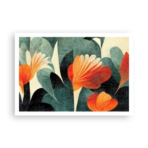 Póster - Flores en tonos intensos de naranja y verde. - 100x70cm - El calor del trópico y el frescor del verdor - Decoración de pared moderna para salón y dormitorio ARTTOR