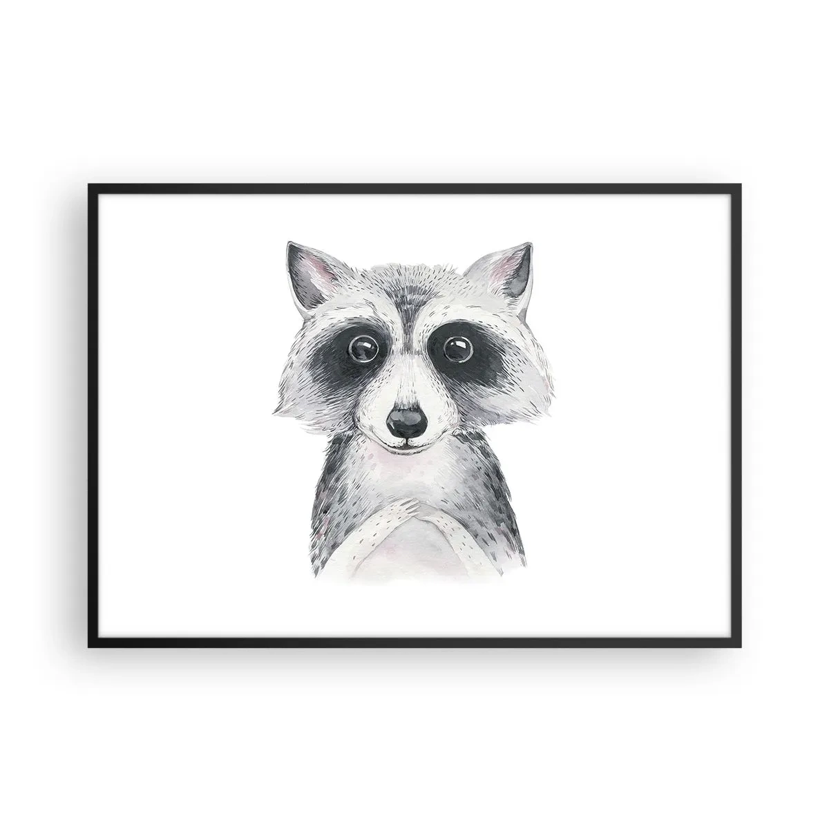 Póster en marco negro - Adorable retrato de un mapache sobre un fondo blanco. - 100x70cm - Un momento para la emoción - Decoración de pared moderna para salón y dormitorio ARTTOR