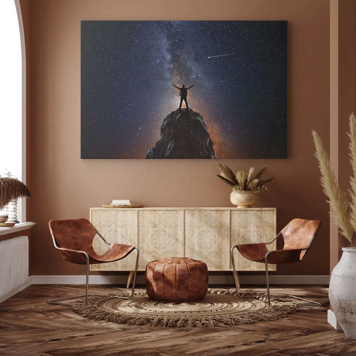 Cuadro sobre lienzo - Impresión de Imagen - Una figura en la cima de una montaña bajo un cielo estrellado. - 100x70cm - ¡El poder está conmigo! - Decoración de pared moderna para salón y dormitorio ARTTOR