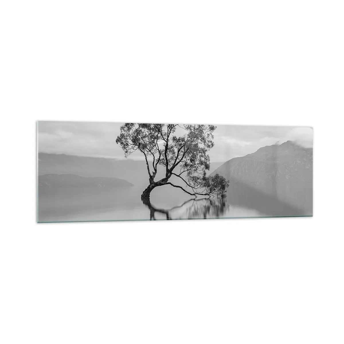 Cuadro sobre vidrio - Impresiones sobre Vidrio - Un árbol solitario reflejado en el agua con montañas al fondo. - 160x50cm - Existe tal lugar en el mundo - Decoración de pared moderna para salón y dormitorio ARTTOR