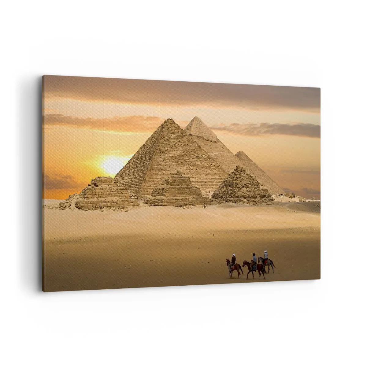 Cuadro sobre lienzo - Impresión de Imagen - Pirámides de Egipto al atardecer con jinetes a caballo - 120x80cm - Sin cambios desde hace miles de años - Decoración de pared moderna para salón y dormitorio ARTTOR