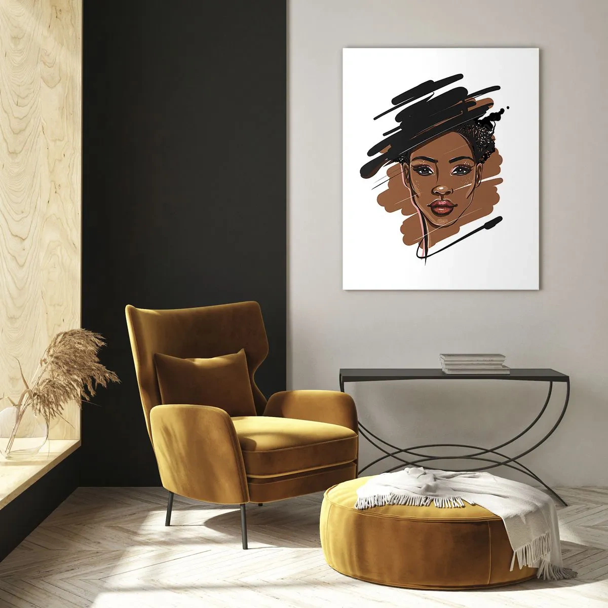 Cuadro sobre vidrio - Impresiones sobre Vidrio - Retrato de una mujer negra en un estilo de boceto de moda. - 50x70cm - Dulce como el chocolate - Decoración de pared moderna para salón y dormitorio ARTTOR
