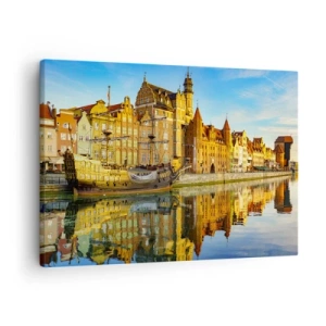 Cuadro sobre lienzo - Impresión de Imagen - Una vista pintoresca del casco antiguo con un velero y agua. - 70x50cm - Un espejo del pasado - Decoración de pared moderna para salón y dormitorio ARTTOR