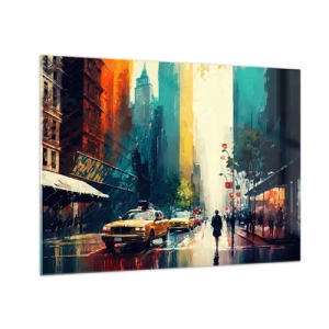 Cuadro sobre vidrio - Impresiones sobre Vidrio - Taxis coloridos y rascacielos en una calle húmeda de la ciudad - 70x50cm - Nueva York - hasta la lluvia es colorida - Decoración de pared moderna para salón y dormitorio ARTTOR