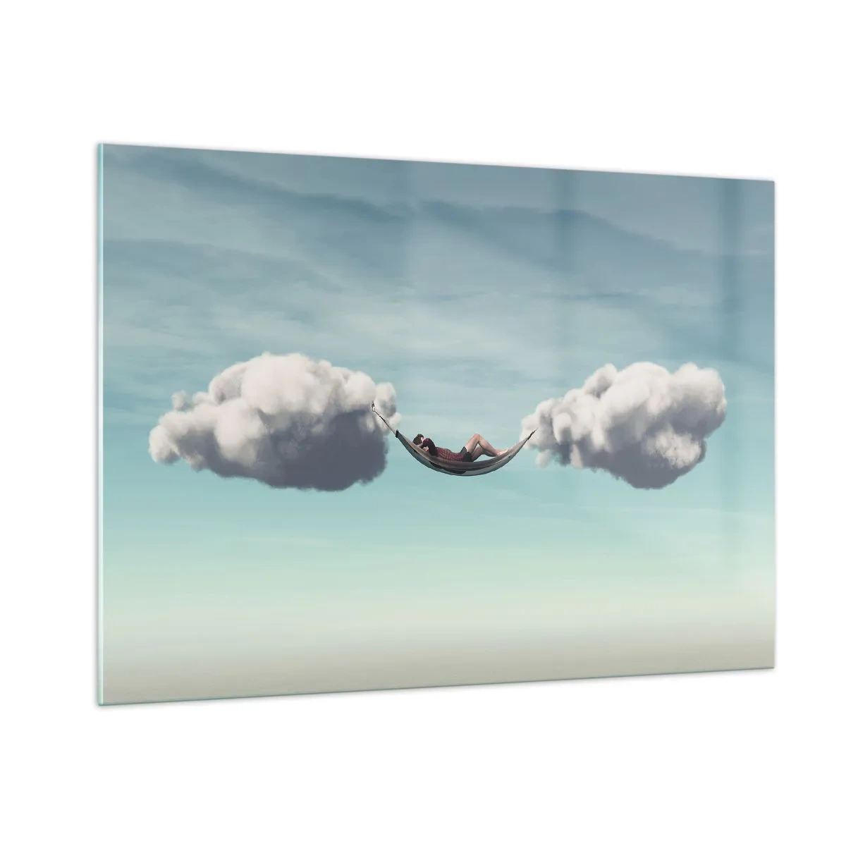 Cuadro sobre vidrio - Impresiones sobre Vidrio - Hamacas de nubes en un cielo azul - 100x70cm - La felicidad del momento - Decoración de pared moderna para salón y dormitorio ARTTOR