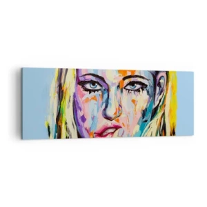 Cuadro sobre lienzo - Impresión de Imagen - Retrato colorido de una mujer en estilo abstracto. - 140x50cm - Mírala a los ojos - Decoración de pared moderna para salón y dormitorio ARTTOR
