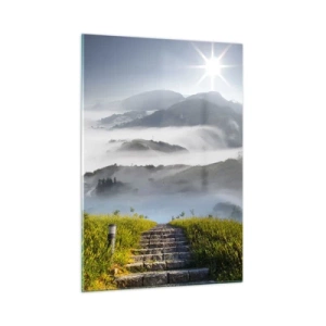 Cuadro sobre vidrio - Impresiones sobre Vidrio - Paisaje de montaña con niebla y escaleras que conducen a la cumbre. - 50x70cm - Todavía en las nubes - Decoración de pared moderna para salón y dormitorio ARTTOR