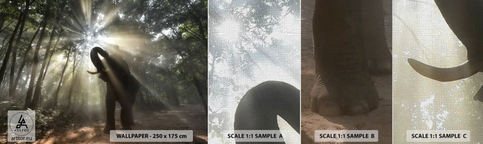 Muestra de fotomural Premium Canvas - Bajo una estrella de la suerte - Paisaje, Elefante, Selva - 100x30 cm