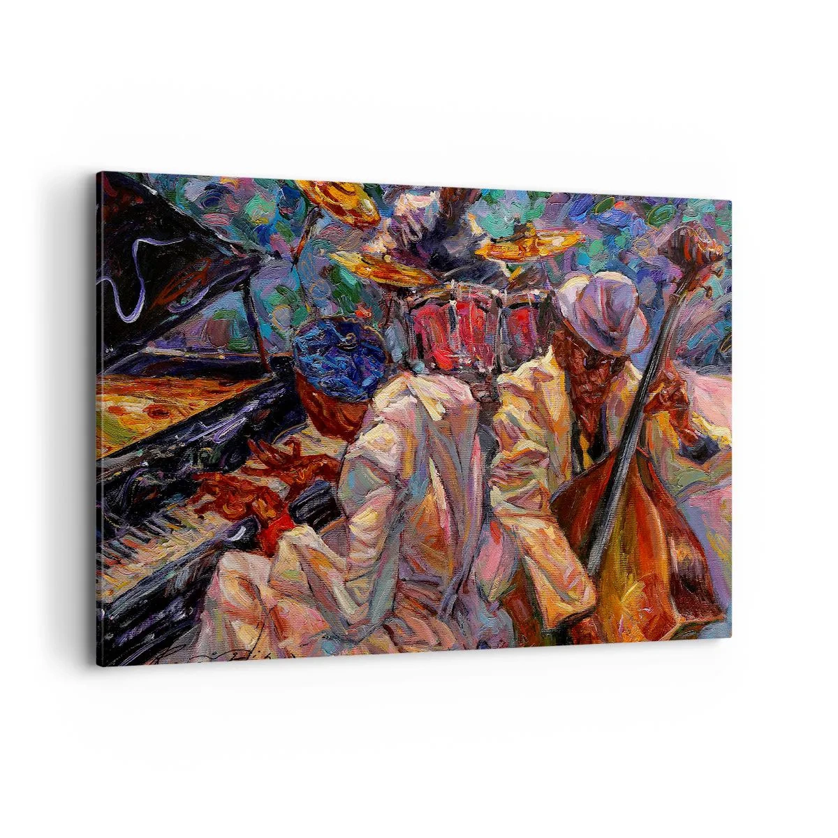 Cuadro sobre lienzo - Impresión de Imagen - Escena de jazz enérgica con músicos e instrumentos. - 100x70cm - En un ritmo mágico - Decoración de pared moderna para salón y dormitorio ARTTOR