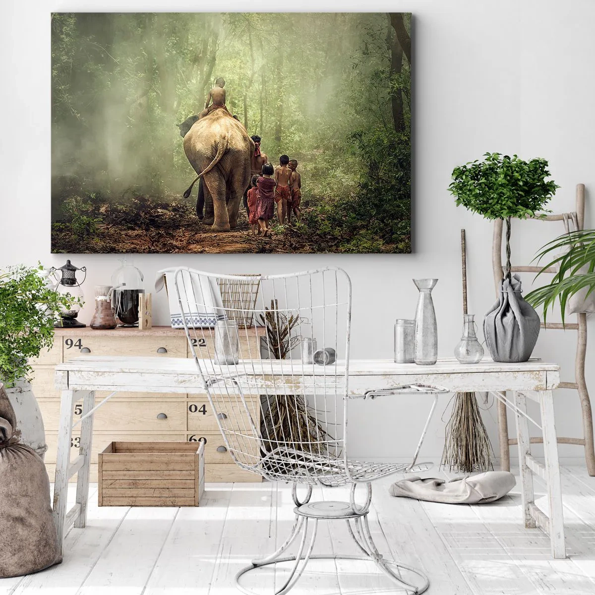 Cuadro sobre lienzo - Impresión de Imagen - Niños con un elefante en un bosque verde a la luz de la mañana. - 70x50cm - El nuevo libro de la selva - Decoración de pared moderna para salón y dormitorio ARTTOR