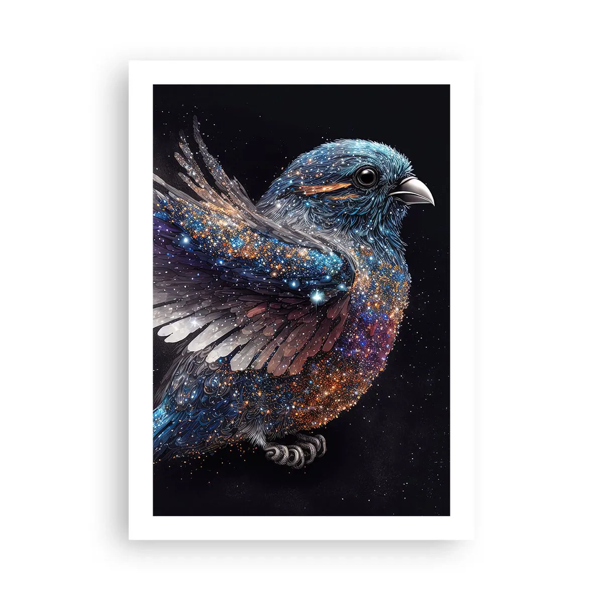 Póster - Un pájaro espacial con plumaje de estrella sobre un fondo negro. - 50x70cm - Gorrión de diamante - Decoración de pared moderna para salón y dormitorio ARTTOR