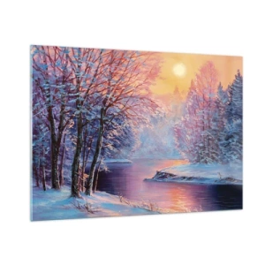 Cuadro sobre vidrio - Impresiones sobre Vidrio - Paisaje invernal con un río y una puesta de sol. - 100x70cm - Colores del invierno - Decoración de pared moderna para salón y dormitorio ARTTOR