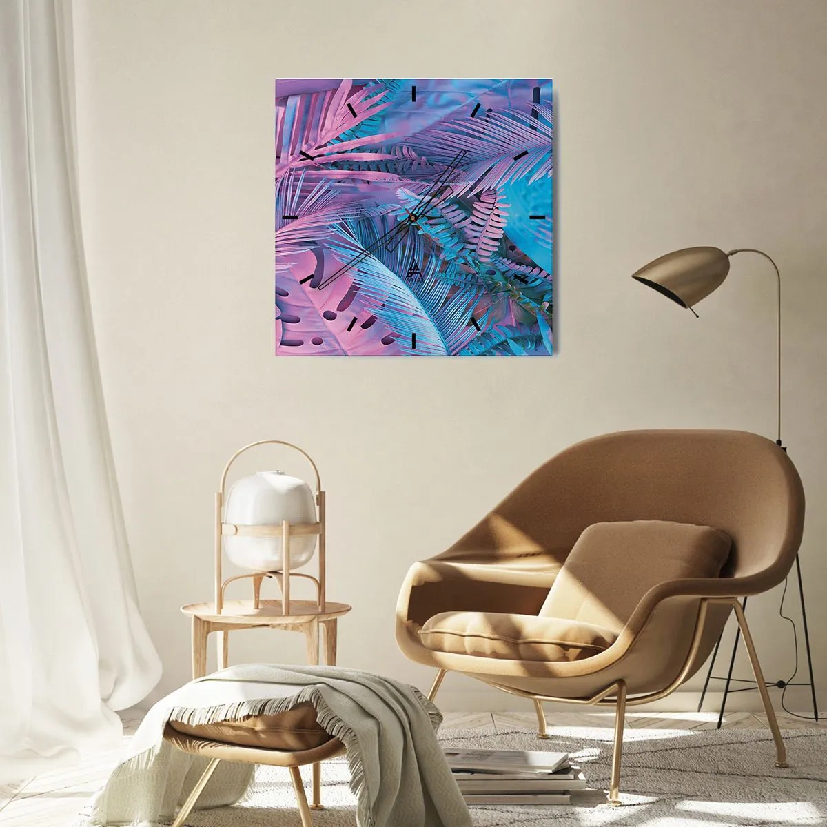 Reloj de pared - Reloj de vidrio - Trópicos en rosa y azul - 30x30 cm