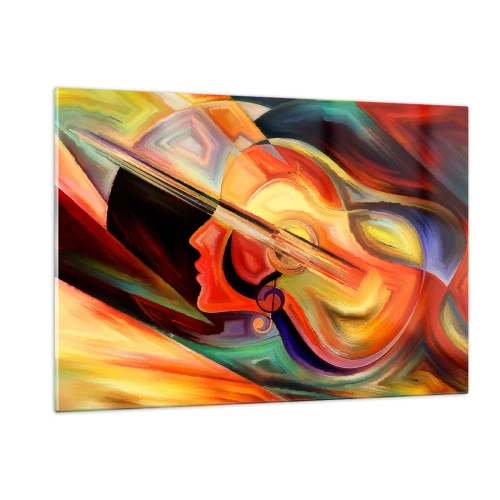 Cuadro sobre vidrio - Impresiones sobre Vidrio - Retrato abstracto con una guitarra y notas musicales al fondo. - 120x80cm - Juego musical - Decoración de pared moderna para salón y dormitorio ARTTOR
