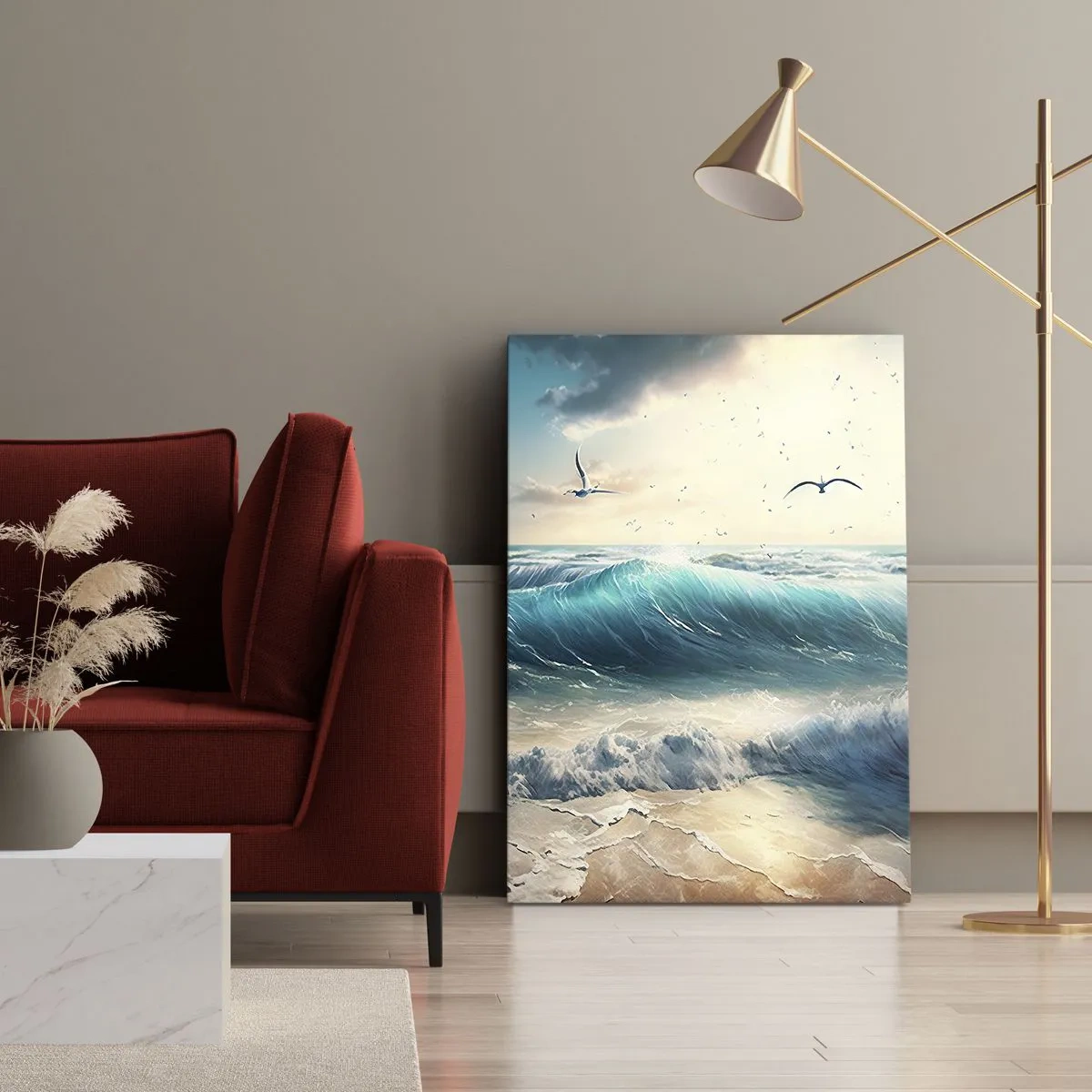 Cuadro sobre lienzo - Impresión de Imagen - Olas del mar en la playa bajo un cielo azul con gaviotas - 50x70cm - La brisa solo para ti - Decoración de pared moderna para salón y dormitorio ARTTOR