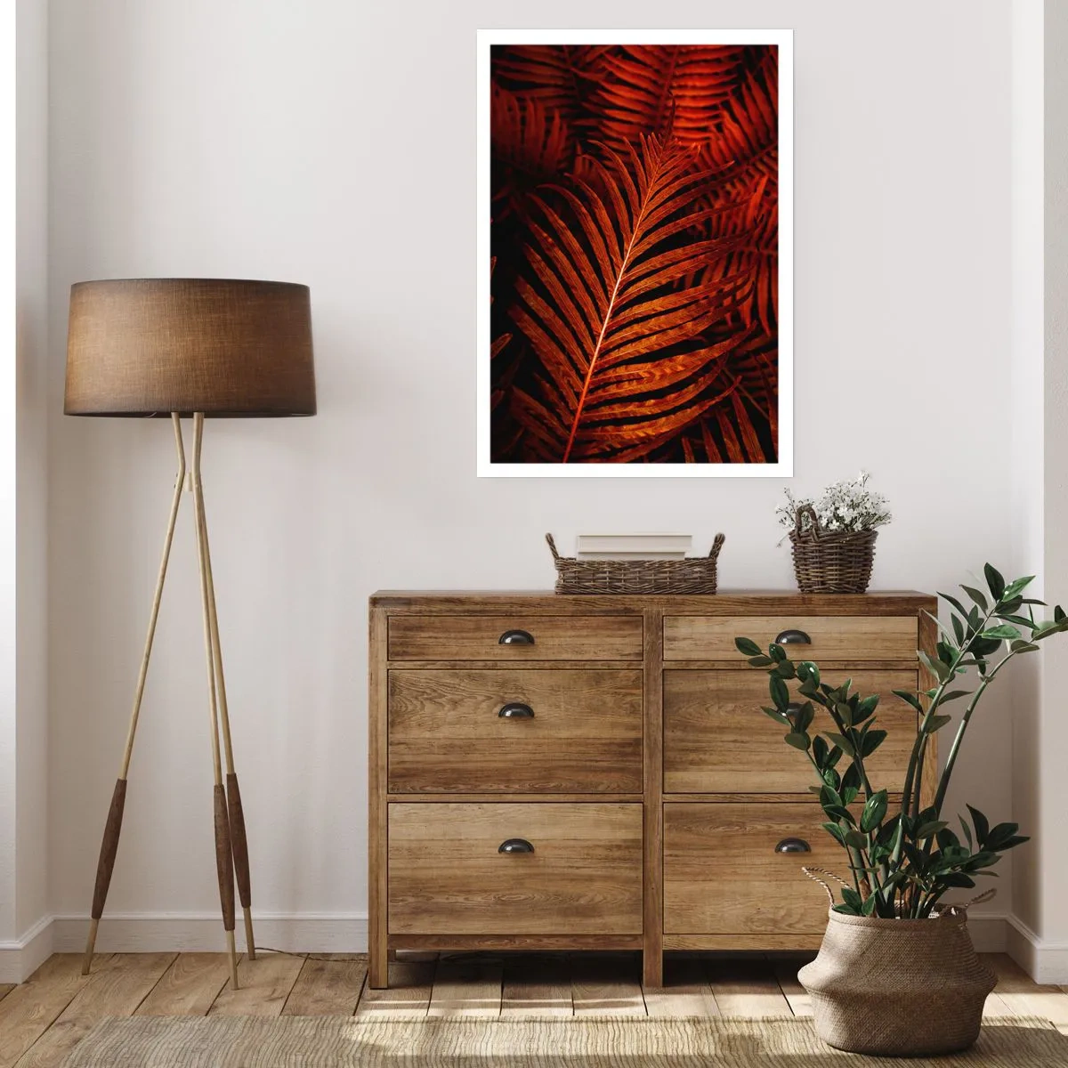 Póster - Hojas de palma rojas en iluminación artística. - 50x70cm - Las brasas de la vida - Decoración de pared moderna para salón y dormitorio ARTTOR