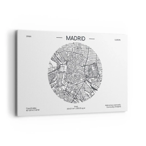 Cuadro sobre lienzo - Impresión de Imagen - Mapa de Madrid en estilo minimalista en blanco y negro - 120x80cm - Anatomía de Madrid - Decoración de pared moderna para salón y dormitorio ARTTOR