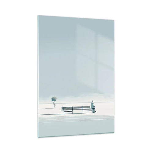 Cuadro sobre vidrio - Impresiones sobre Vidrio - Una figura en un banco en un paisaje minimalista. - 50x70cm - Sí, estoy esperando - Decoración de pared moderna para salón y dormitorio ARTTOR