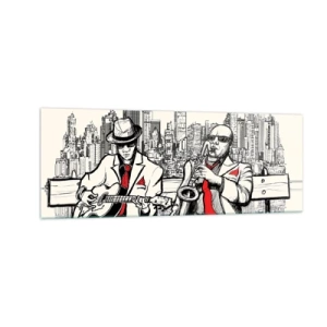 Cuadro sobre vidrio - Impresiones sobre Vidrio - Un dúo de jazz con saxofón y guitarra con la ciudad como telón de fondo. - 140x50cm - Improvisación en Nueva York - Decoración de pared moderna para salón y dormitorio ARTTOR