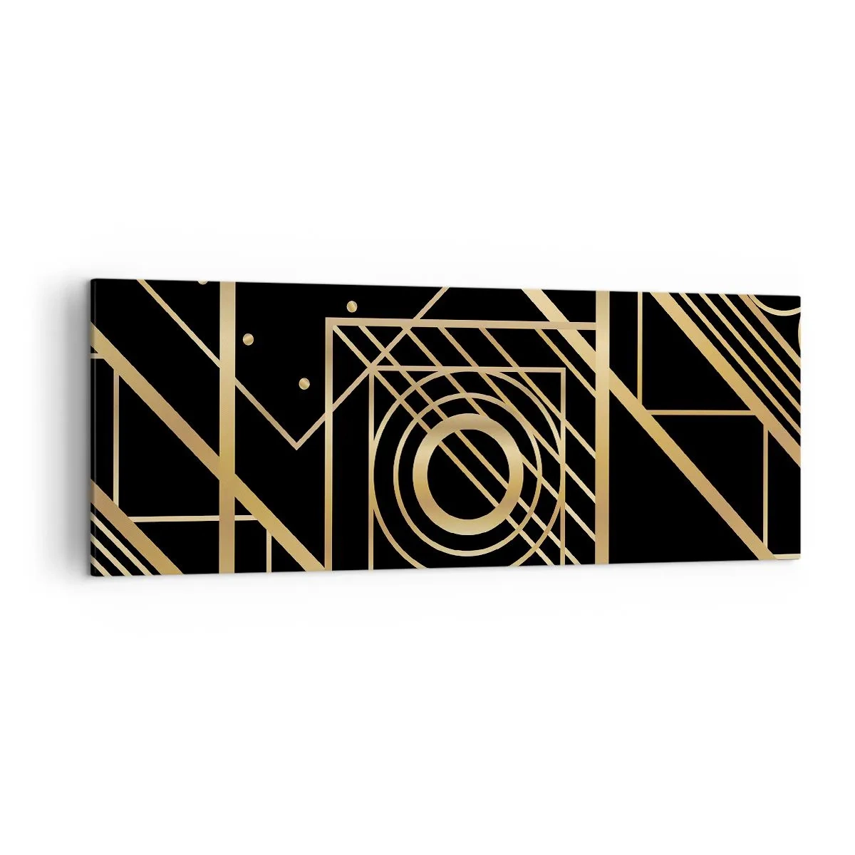 Cuadro sobre lienzo - Impresión de Imagen - Patrones geométricos dorados sobre un fondo negro - 140x50cm - Geometría dorada - Decoración de pared moderna para salón y dormitorio ARTTOR