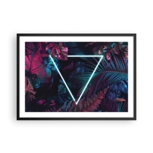 Póster en marco negro - Un triángulo de neón rodeado de hojas tropicales en colores oscuros. - 70x50cm - Jardín fluorescente - Decoración de pared moderna para salón y dormitorio ARTTOR