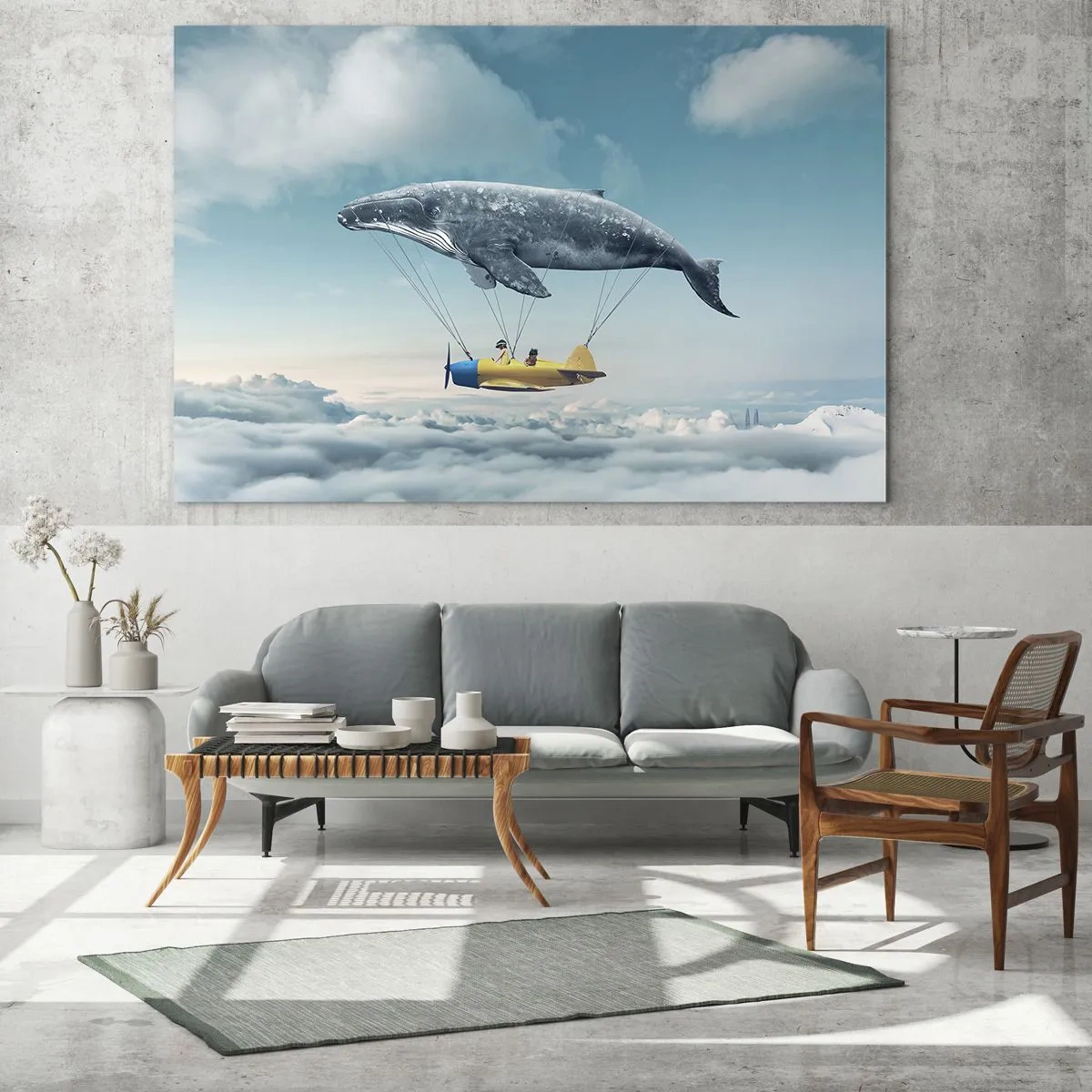 Cuadro sobre vidrio - Impresiones sobre Vidrio - Una ballena eleva un avión por encima de las nubes en un escenario surrealista. - 120x80cm - ¿Por qué no? - Decoración de pared moderna para salón y dormitorio ARTTOR