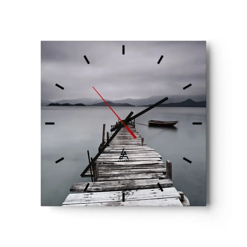 Reloj de pared - Reloj de vidrio - Un puente de madera que conduce a la tranquila superficie del lago. - 30x30cm - Mañana partimos - Decoración de pared moderna para salón y dormitorio ARTTOR