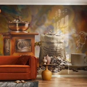 Fotomural Premium Canvas - Molinillo de café con granos y una taza al fondo. - 100x70cm - El crujido de los granos, el ruido del molino - Decoración de pared moderna para salón y dormitorio ARTTOR