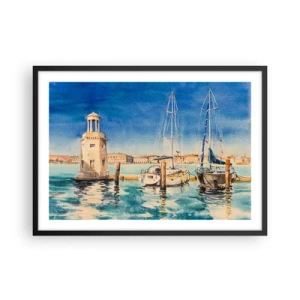 Póster en marco negro - Puerto deportivo con barcos con el fondo de una laguna azul - 70x50cm - Laguna soleada - Decoración de pared moderna para salón y dormitorio ARTTOR