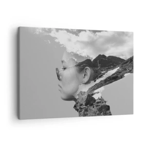 Cuadro sobre lienzo - Impresión de Imagen - Una composición en blanco y negro con la silueta de una mujer y un paisaje de montaña. - 70x50cm - Retrato sobre montañas y nubes - Decoración de pared moderna para salón y dormitorio ARTTOR