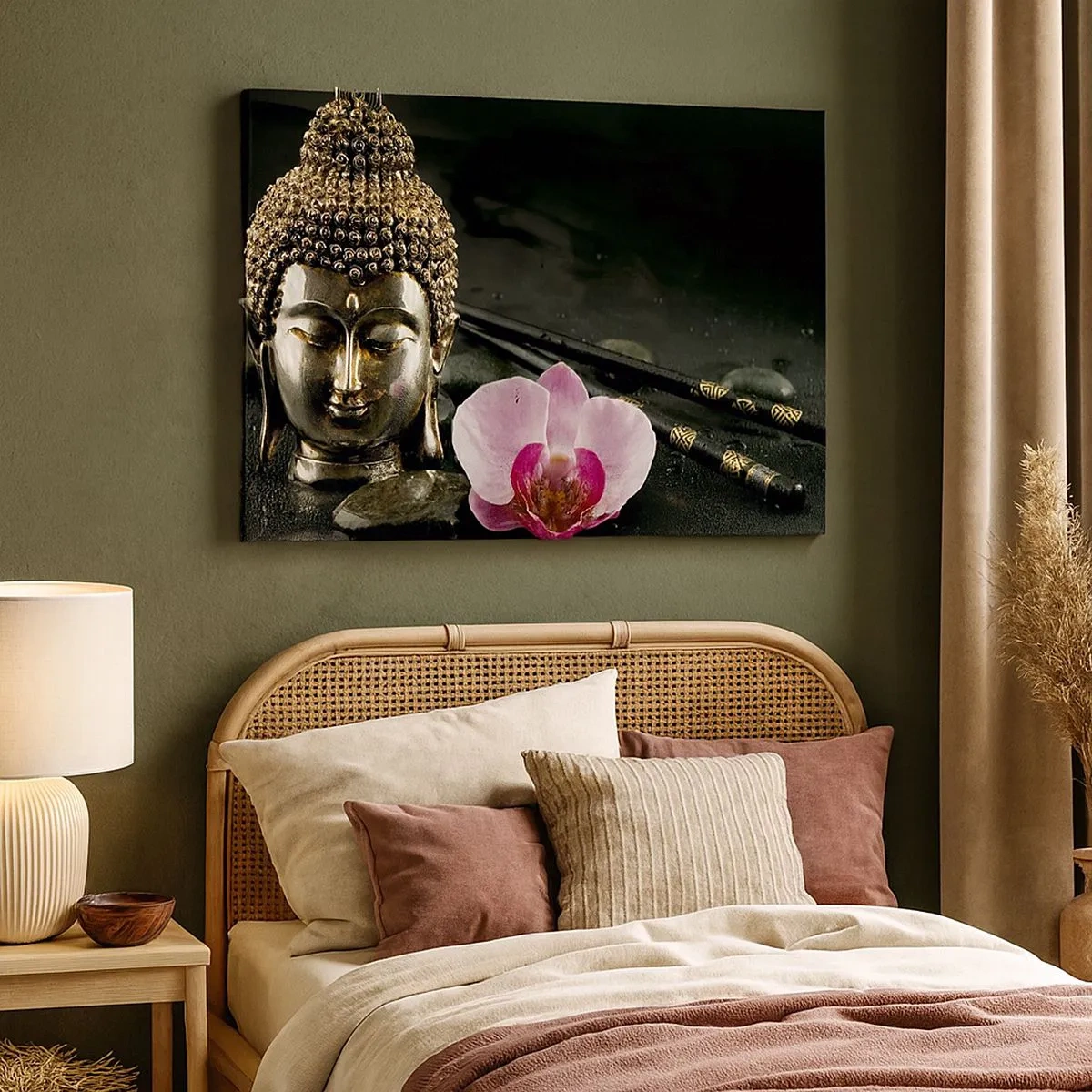 Cuadro sobre lienzo - Impresión de Imagen - Una estatuilla de Buda con una orquídea y palillos sobre un fondo de piedras. - 70x50cm - La armonía de la sabiduría y la belleza - Decoración de pared moderna para salón y dormitorio ARTTOR