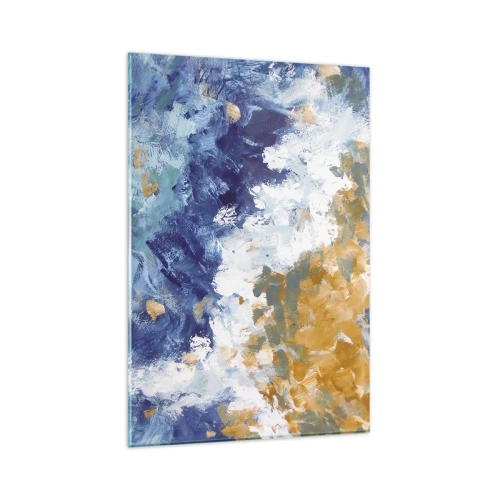 Cuadro sobre vidrio - Impresiones sobre Vidrio - Abstracción en tonos azules, blancos y dorados. - 80x120cm - Danza de los elementos - Decoración de pared moderna para salón y dormitorio ARTTOR