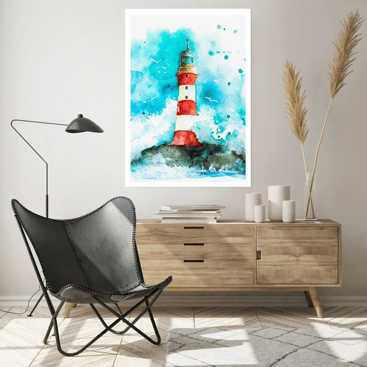 Póster - Faro estilo acuarela con olas del mar - 50x70cm - La unidad de los elementos - Decoración de pared moderna para salón y dormitorio ARTTOR
