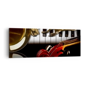 Cuadro sobre lienzo - Impresión de Imagen - Un saxofón dorado, teclas de piano y un violín rojo. - 140x50cm - Chapa, madera y marfil - Decoración de pared moderna para salón y dormitorio ARTTOR
