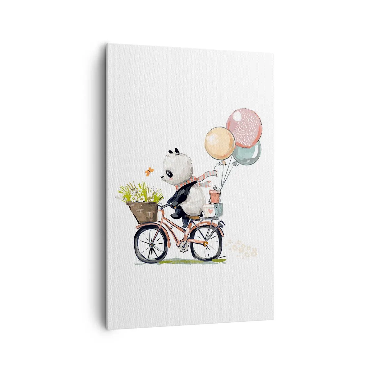 Cuadro sobre lienzo - Impresión de Imagen - Panda en bicicleta con globos y flores. - 80x120cm - Un día feliz - Decoración de pared moderna para salón y dormitorio ARTTOR