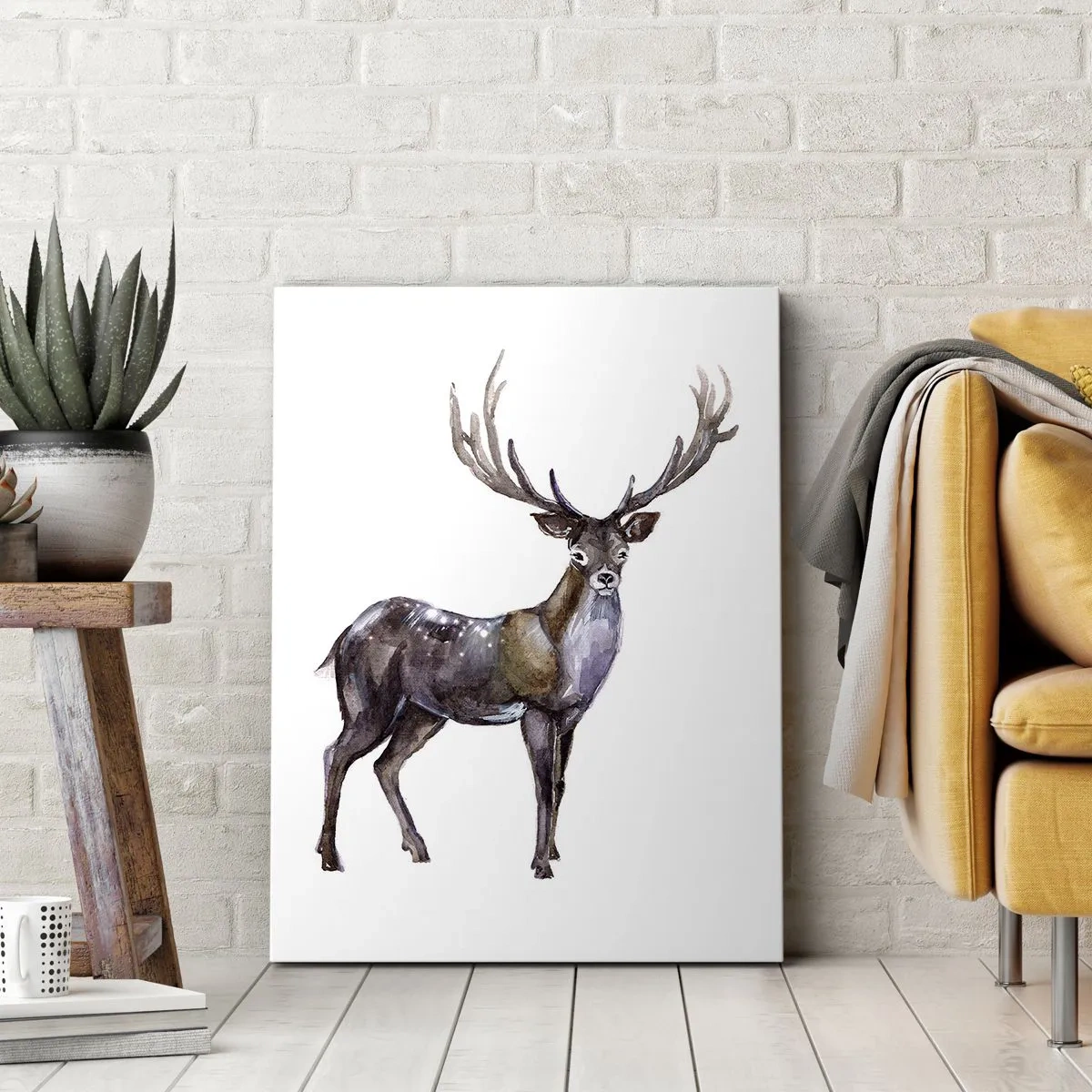 Cuadro sobre lienzo - Impresión de Imagen - Ilustración en acuarela de un ciervo con astas majestuosas - 50x70cm - Rey de las Tierras Salvajes del Norte - Decoración de pared moderna para salón y dormitorio ARTTOR