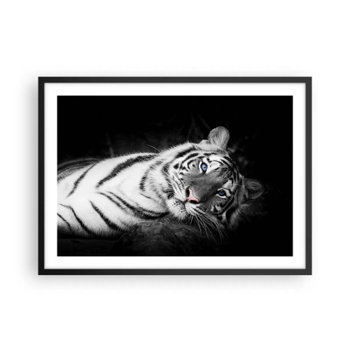 Póster en marco negro - Un tigre blanco representado artísticamente sobre un fondo negro. - 70x50cm - Salvaje y tranquilo - Decoración de pared moderna para salón y dormitorio ARTTOR