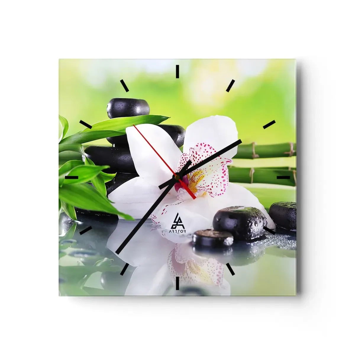 Reloj de pared - Reloj de vidrio - Orquídea, piedras y bambú en una armoniosa composición de spa. - 30x30cm - Frescura - Decoración de pared moderna para salón y dormitorio ARTTOR