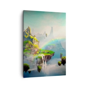 Cuadro sobre lienzo - Impresión de Imagen - Islas voladoras entre las nubes con un arcoíris en el horizonte. - 50x70cm - El medio de la nada - islas flotantes - Decoración de pared moderna para salón y dormitorio ARTTOR