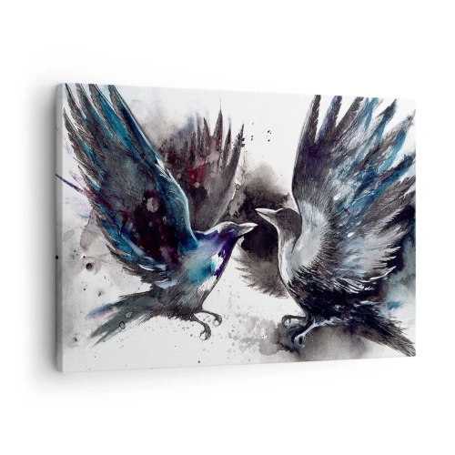 Cuadro sobre lienzo - Impresión de Imagen - Cuervos artísticos en una composición dinámica de acuarela. - 70x50cm - De cuervo a cuervo... - Decoración de pared moderna para salón y dormitorio ARTTOR