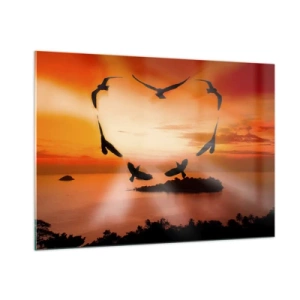 Cuadro sobre vidrio - Impresiones sobre Vidrio - Pájaros formando un corazón con el telón de fondo de una puesta de sol. - 100x70cm - Ama el mundo como los pájaros - Decoración de pared moderna para salón y dormitorio ARTTOR