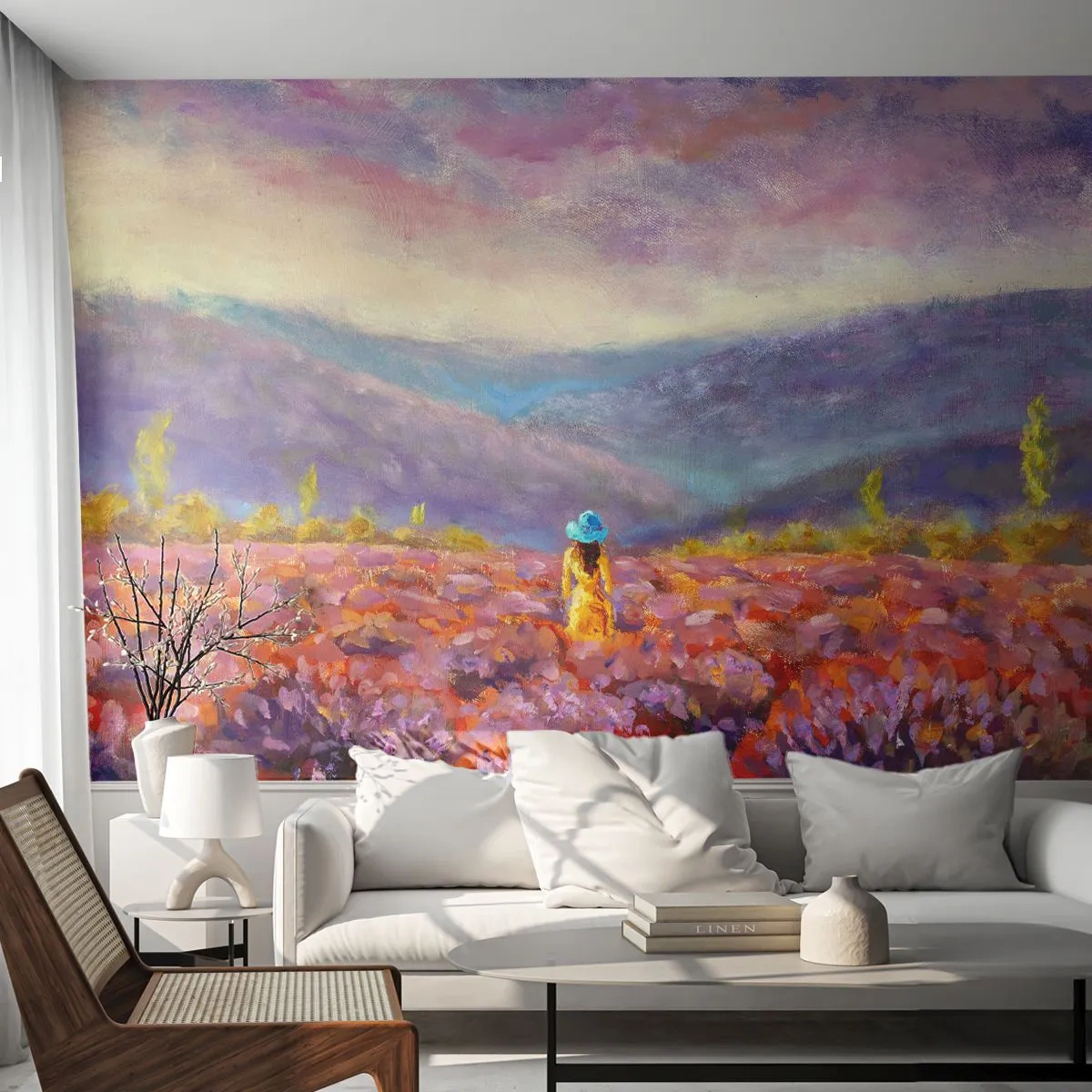 Fotomural Premium Sand - En un mundo de lavanda - Paisaje, Mujer, campo de lavanda - 250x175 cm