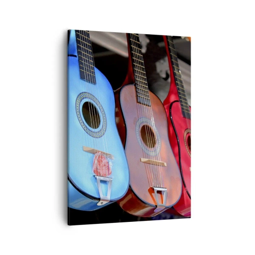 Cuadro sobre lienzo - Impresión de Imagen - Guitarras acústicas de colores cuelgan en fila en exhibición - 50x70cm - Estilo latino - Decoración de pared moderna para salón y dormitorio ARTTOR